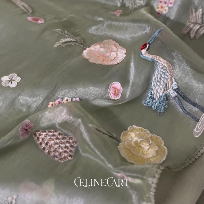 Sage Green Crushed Organza Saree with Handcrafted 3D Floral Appliques and Crane Motif