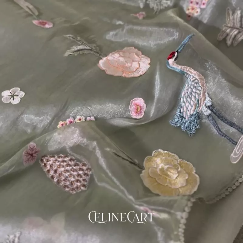 Sage Green Crushed Organza Saree with Handcrafted 3D Floral Appliques and Crane Motif