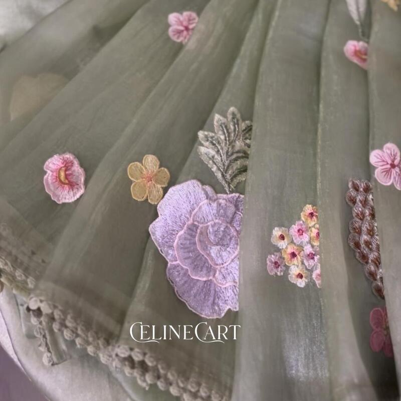 Sage Green Crushed Organza Saree with Handcrafted 3D Floral Appliques and Crane Motif