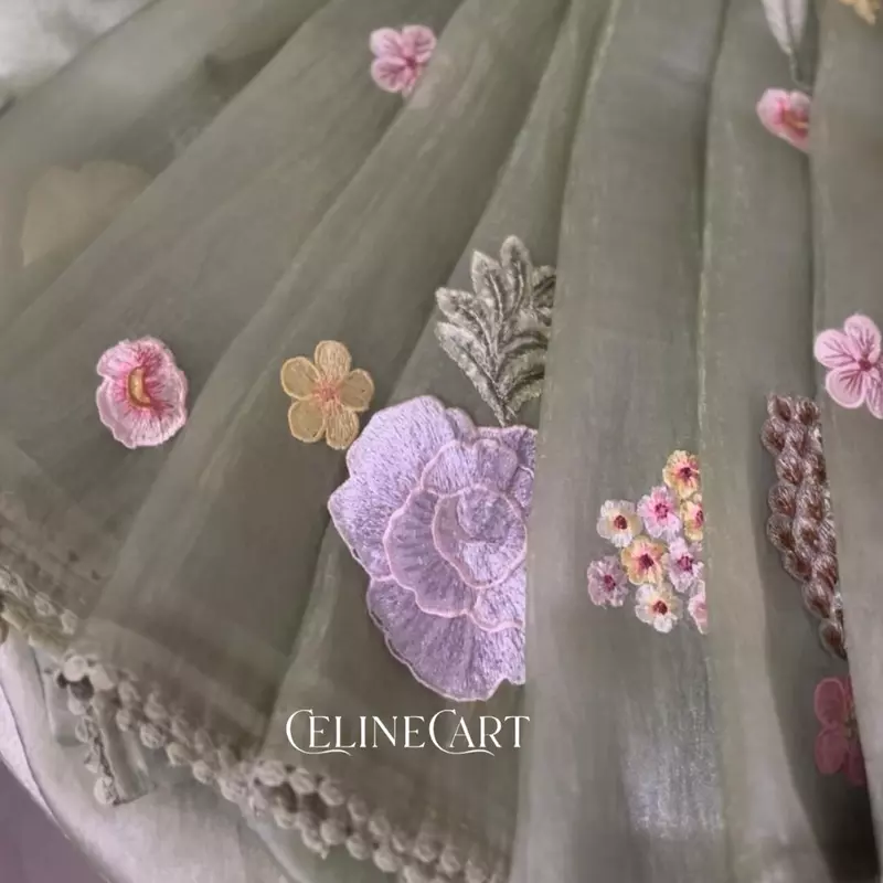 Sage Green Crushed Organza Saree with Handcrafted 3D Floral Appliques and Crane Motif