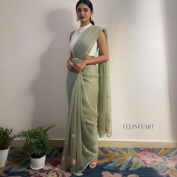 Sage Green Crushed Organza Saree with Handcrafted 3D Floral Appliques and Crane Motif