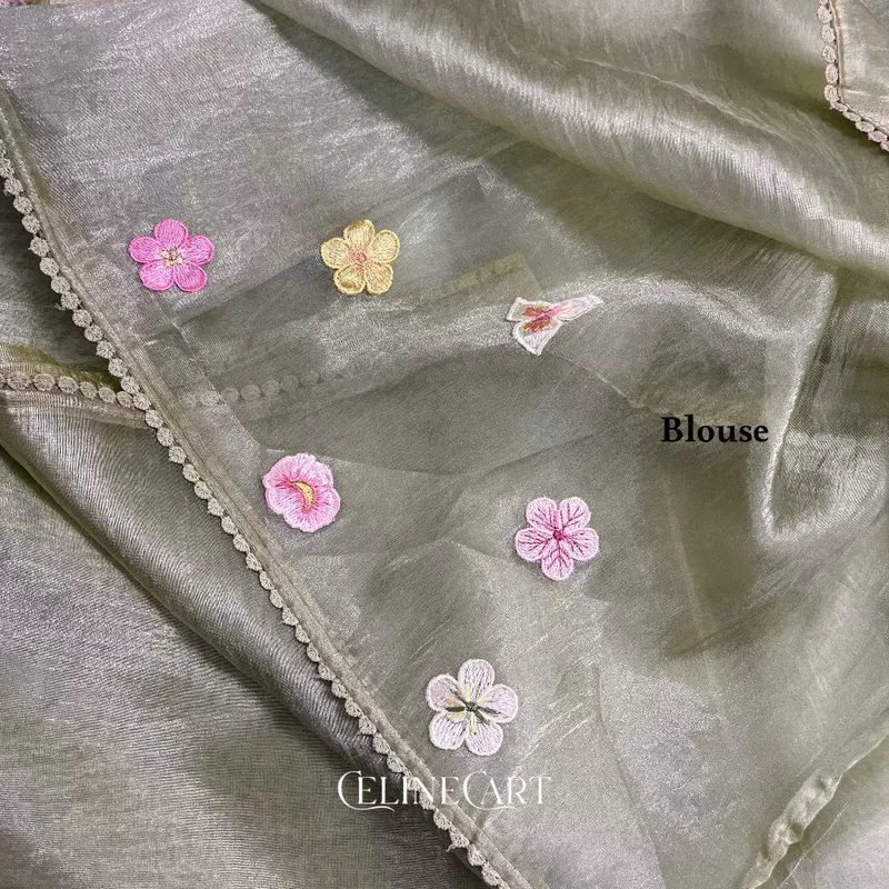 Sage Green Crushed Organza Saree with Handcrafted 3D Floral Appliques and Crane Motif