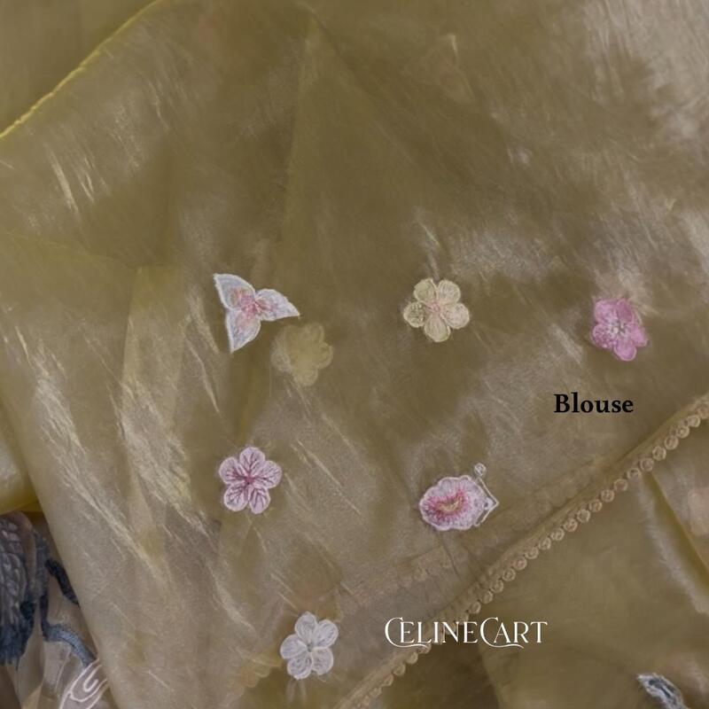 Sunshine Gold Crushed Organza Saree with 3D Floral Appliqué & Bird Embroidery
