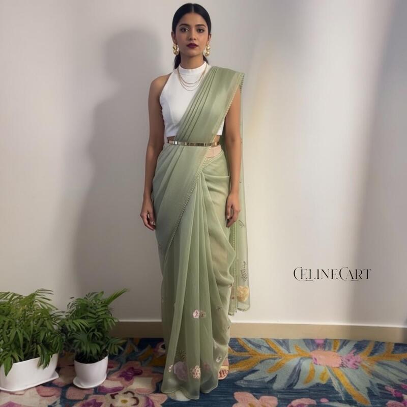 Sage Green Crushed Organza Saree with Handcrafted 3D Floral Appliques and Crane Motif