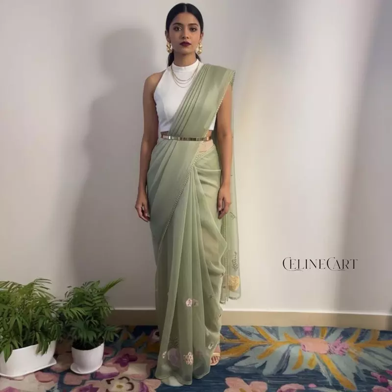 Sage Green Crushed Organza Saree with Handcrafted 3D Floral Appliques and Crane Motif