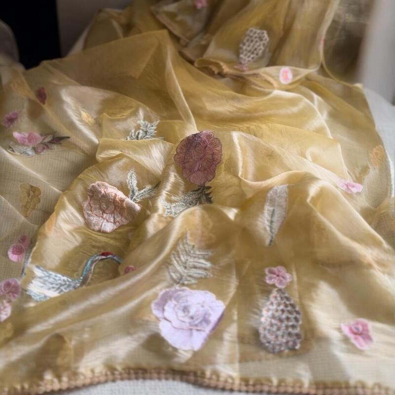 Sunshine Gold Crushed Organza Saree with 3D Floral Appliqué & Bird Embroidery