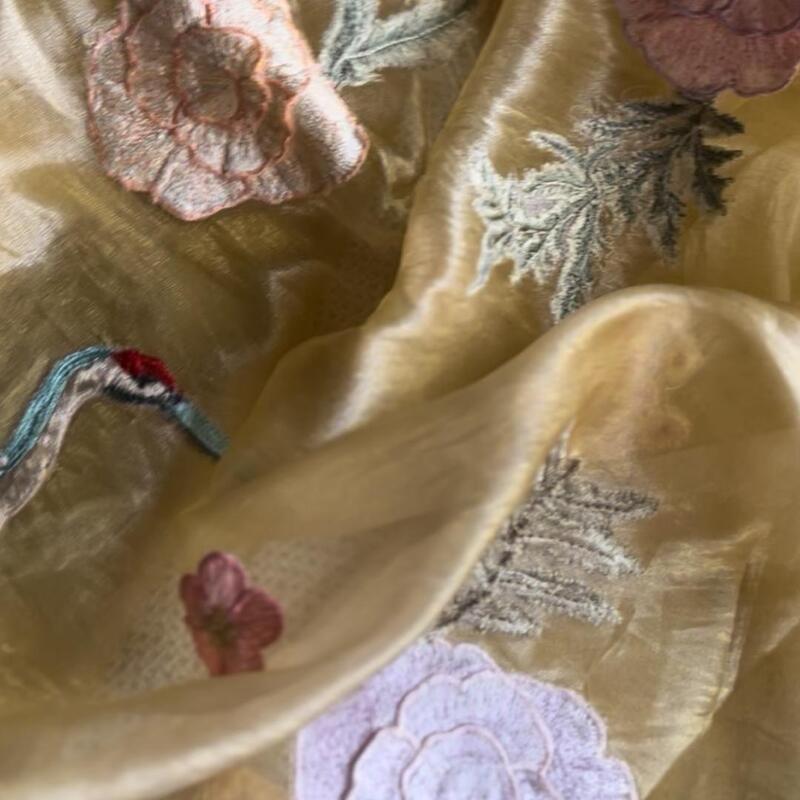 Sunshine Gold Crushed Organza Saree with 3D Floral Appliqué & Bird Embroidery