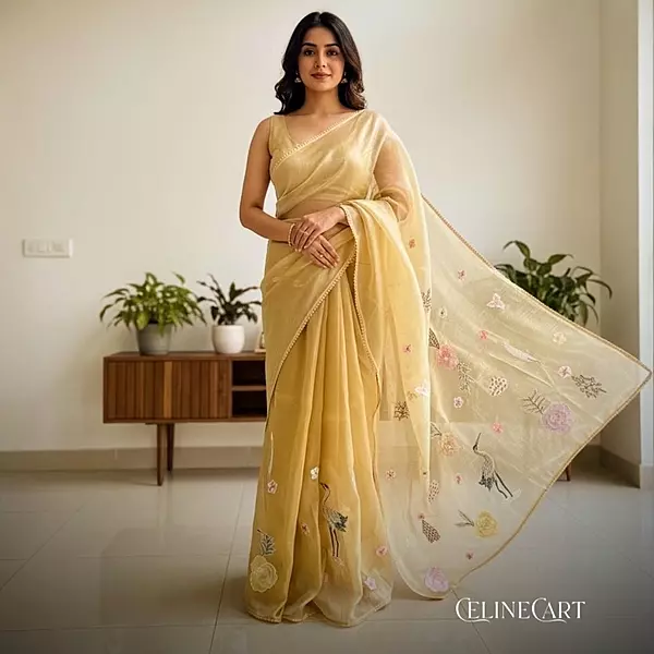 Sunshine Gold Crushed Organza Saree with 3D Floral Appliqué & Bird Embroidery