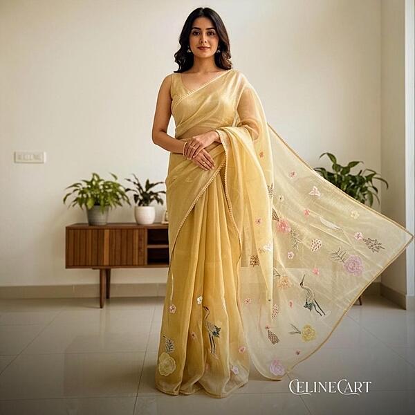 Sunshine Gold Crushed Organza Saree with 3D Floral Appliqué & Bird Embroidery