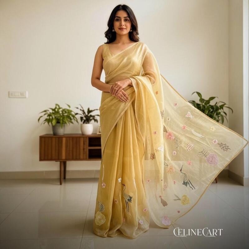 Sunshine Gold Crushed Organza Saree with 3D Floral Appliqué & Bird Embroidery