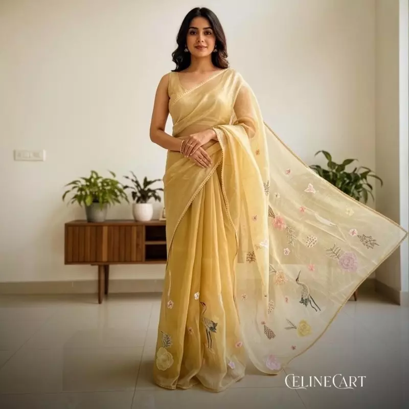 Sunshine Gold Crushed Organza Saree with 3D Floral Appliqué & Bird Embroidery