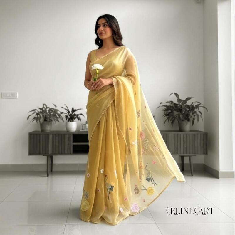 Sunshine Gold Crushed Organza Saree with 3D Floral Appliqué & Bird Embroidery