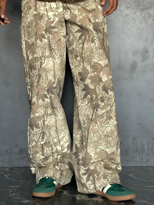 Beige forest camo baggy jeans