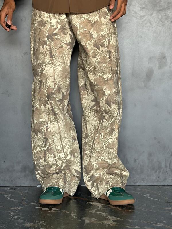 Beige forest camo baggy jeans