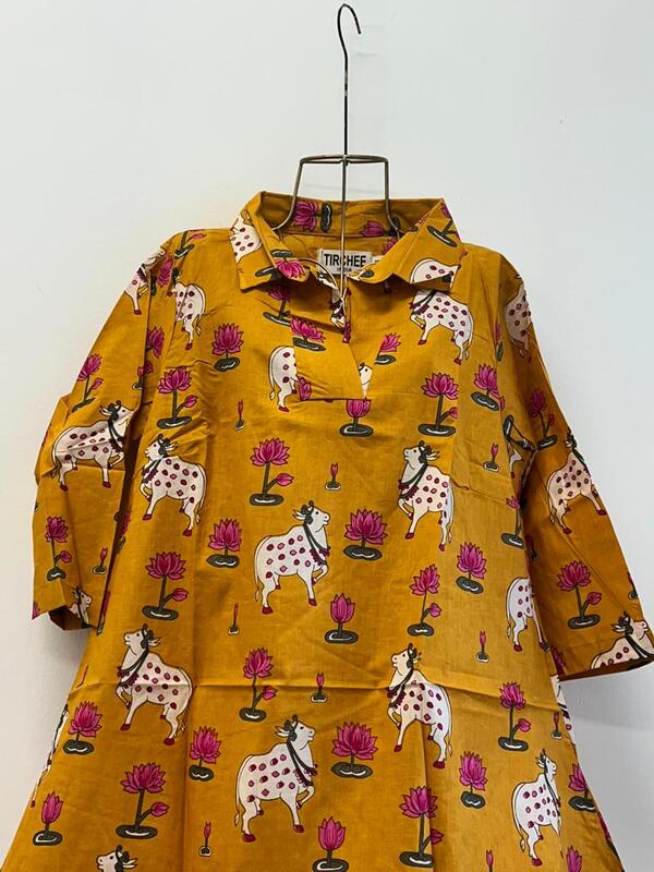 Kavya's High-Low Collared Top- Mustard & Pichwai