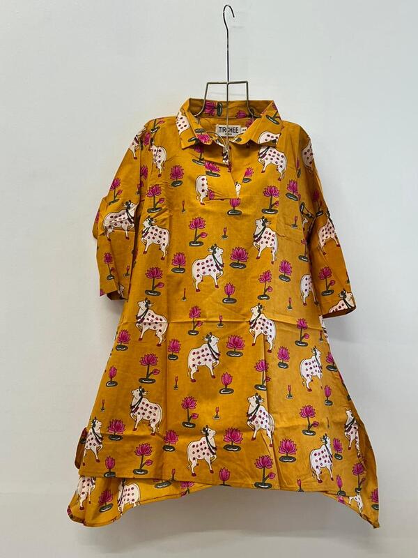 Kavya's High-Low Collared Top- Mustard & Pichwai