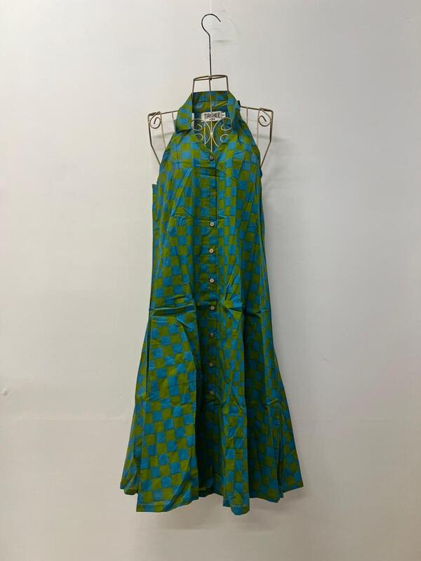 Cyra's Racer Back Dress - Sap Green & Turquoise Checks