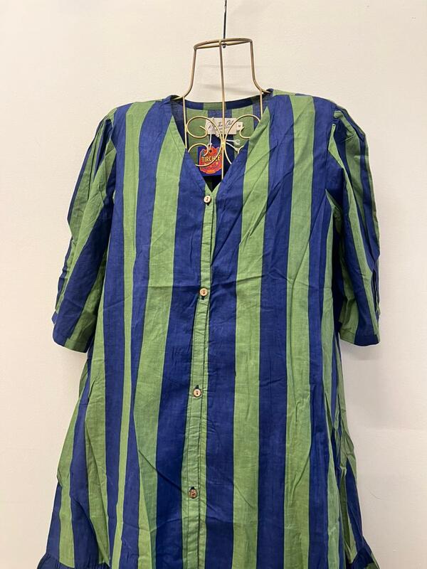 Tara's Belted Frill Long Dress - Sap Green & Blue Stripes