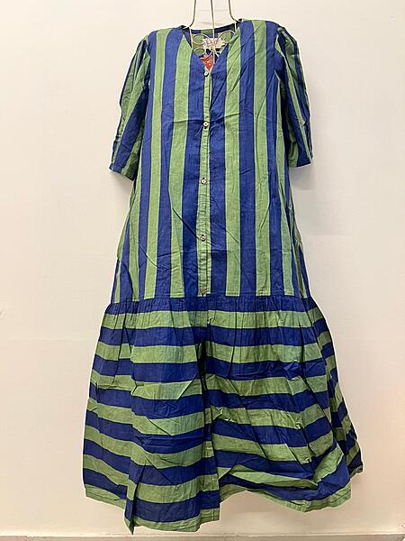 Tara's Belted Frill Long Dress - Sap Green & Blue Stripes