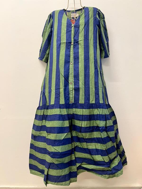 Tara's Belted Frill Long Dress - Sap Green & Blue Stripes