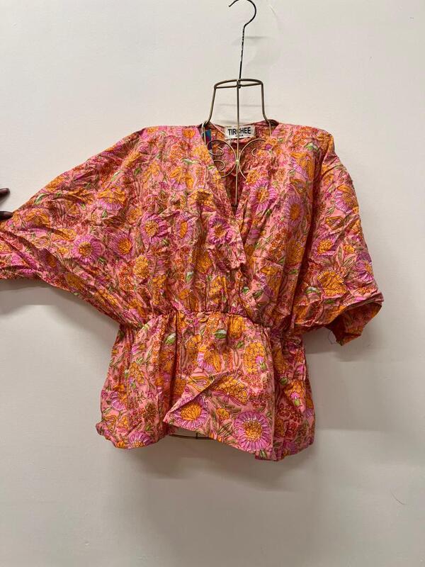 Meher's Scrunched Sleeve Peplum Top - Peach & Flowers