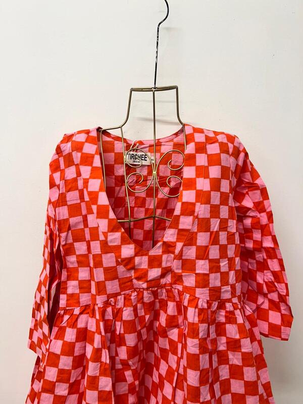 Gulzar's V-neck Peplum Top - Pink & Orange Checks