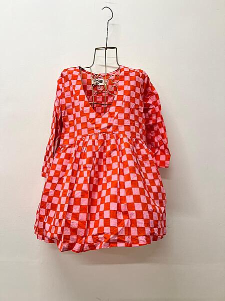 Gulzar's V-neck Peplum Top - Pink & Orange Checks