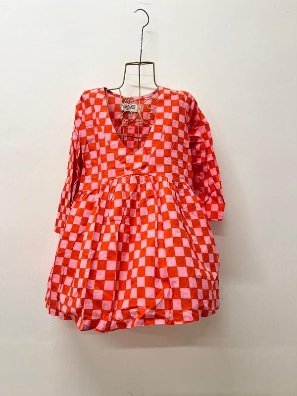 Gulzar's V-neck Peplum Top - Pink & Orange Checks