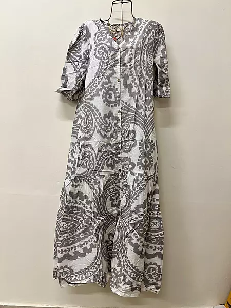 Tara's Belted Frill Long Dress - White & Grey