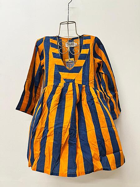 Gulzar's V-neck Peplum Top - Orange & Blue Stripes