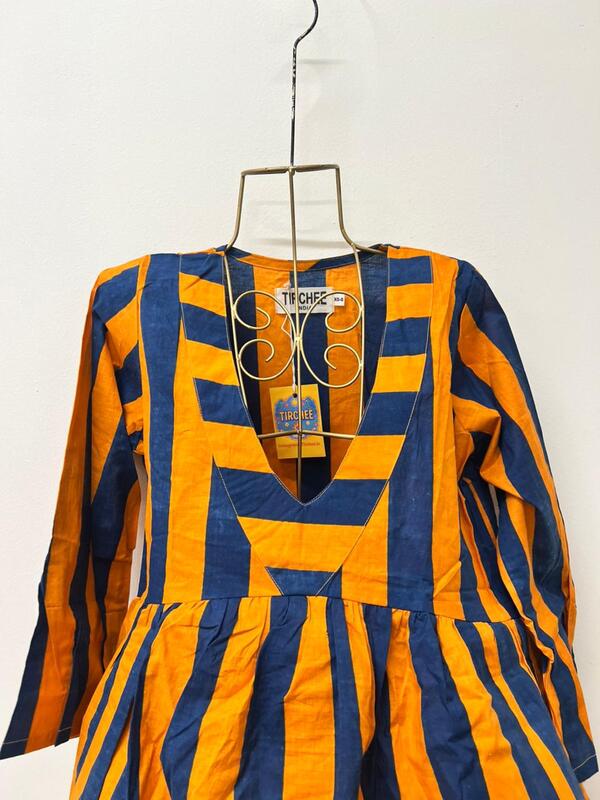 Gulzar's V-neck Peplum Top - Orange & Blue Stripes