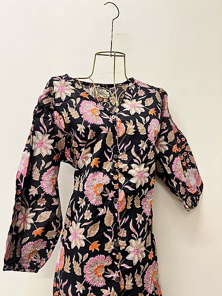 Tara's Frill Long Dress - Black With Flowers