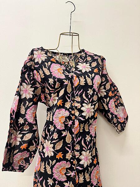 Tara's Frill Long Dress - Black With Flowers