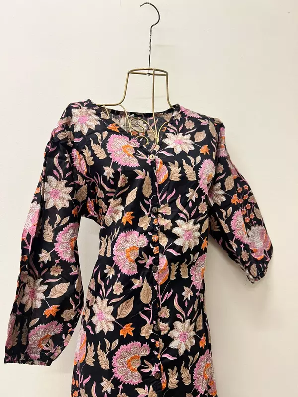 Tara's Frill Long Dress - Black With Flowers