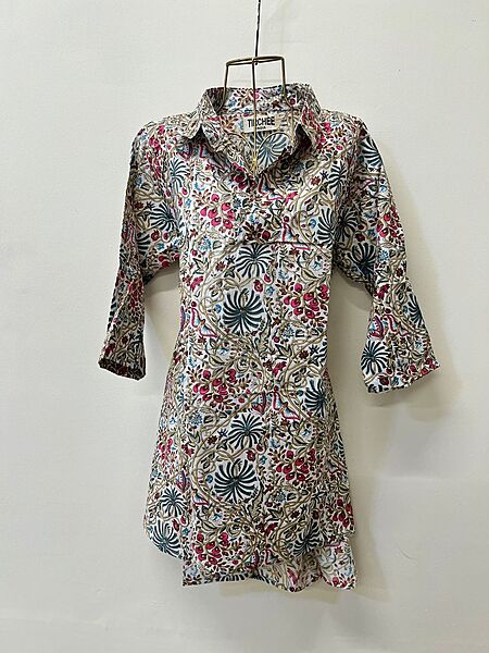 Kavya's High-Low Collared Top- White with colourful flowers