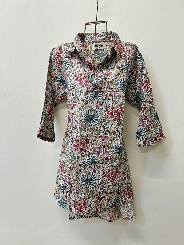 Kavya's High-Low Collared Top- White with colourful flowers