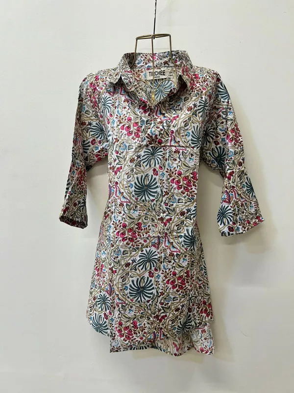 Kavya's High-Low Collared Top- White with colourful flowers