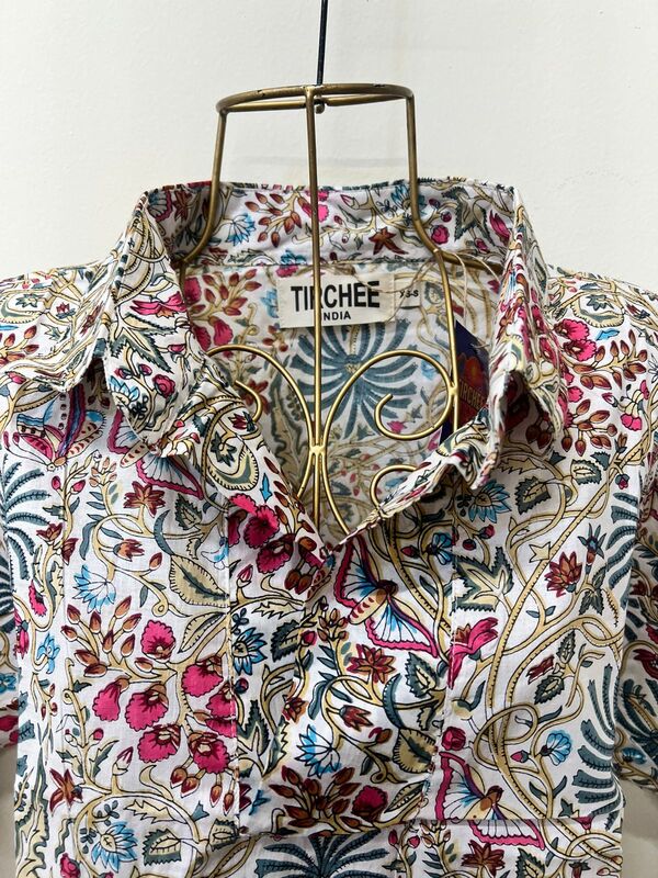 Kavya's High-Low Collared Top- White with colourful flowers