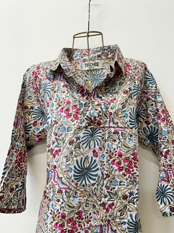 Kavya's High-Low Collared Top- White with colourful flowers