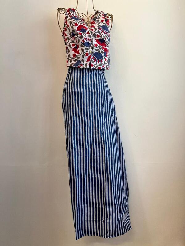 Nutan's princess top and straight skirt set - White & Blue/Red