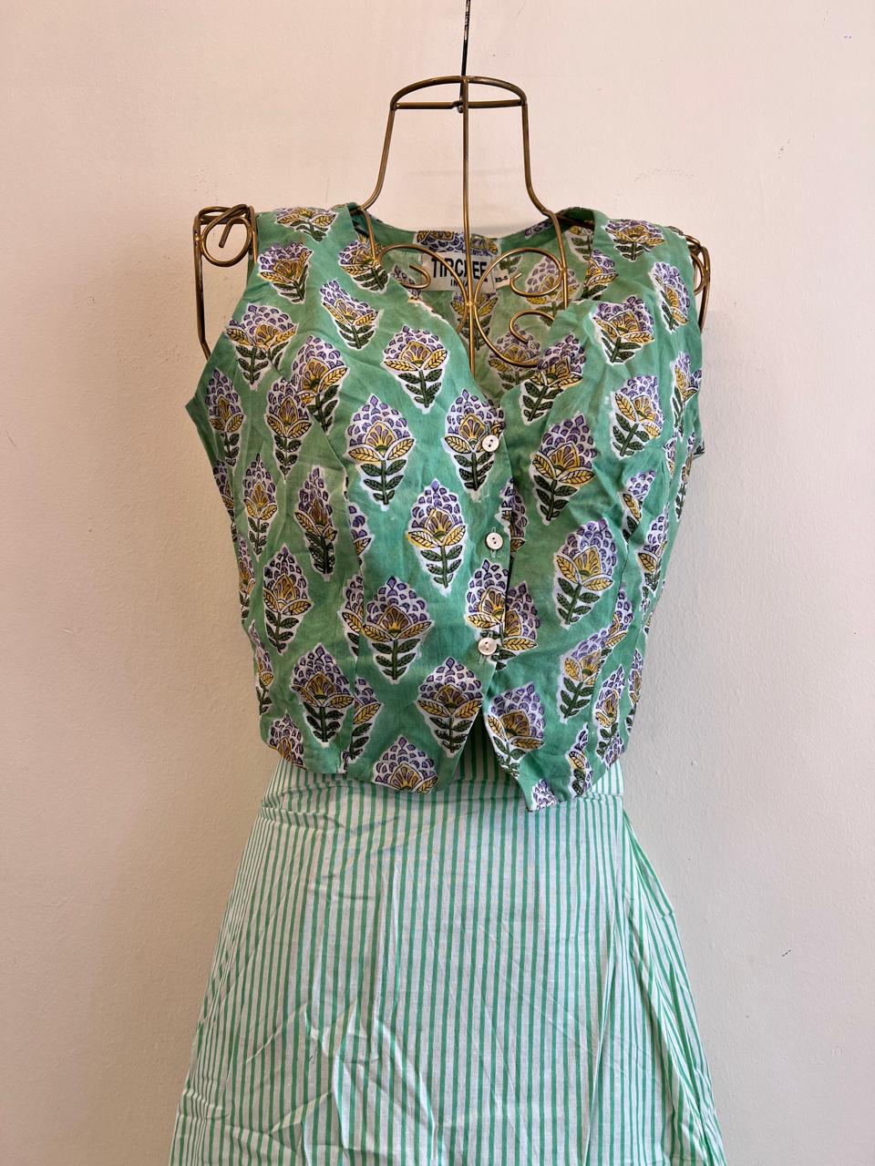 Nutan's princess top and straight skirt set - Mint green & Green Skirt