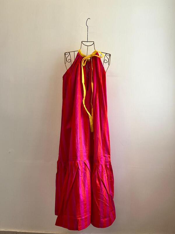 Ayana's Halter-Neck-Tie dress - Pink & Orange Stripes