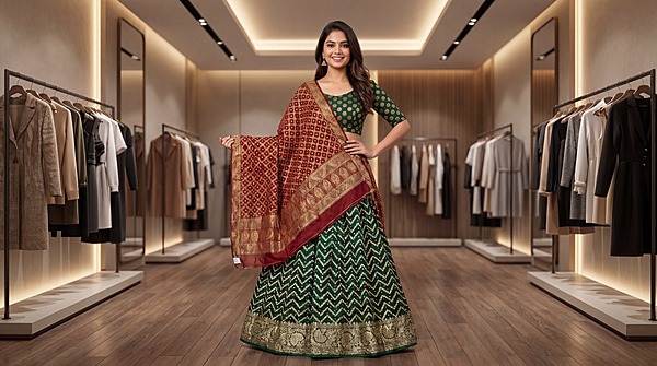 Kala Sanskruti Green & Red Color Art Silk Bandhani Chaniyacholi 12 kali Elegant Traditional unique Art Silk Chaniyacholi for Women