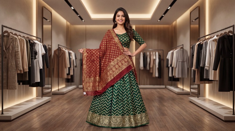 Kala Sanskruti Green & Red Color Art Silk Bandhani Chaniyacholi 12 kali Elegant Traditional unique Art Silk Chaniyacholi for Women