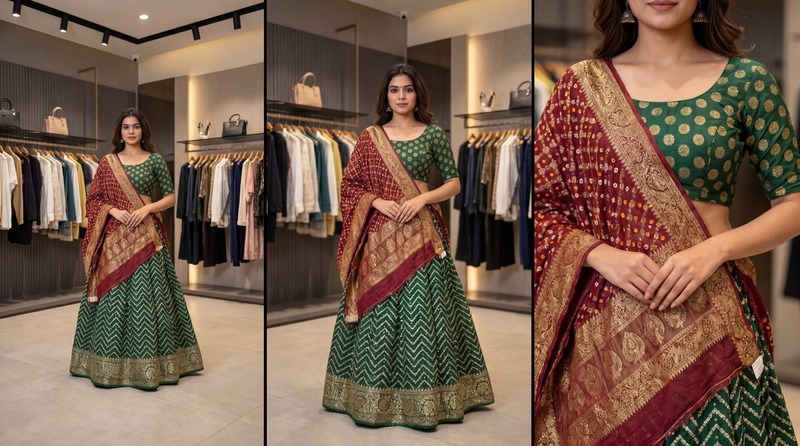 Kala Sanskruti Green & Red Color Art Silk Bandhani Chaniyacholi 12 kali Elegant Traditional unique Art Silk Chaniyacholi for Women