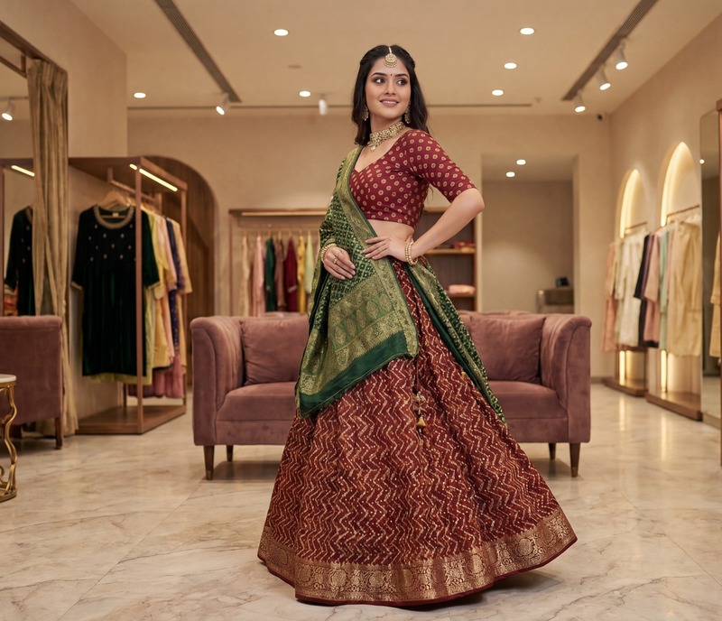 Kala Sanskruti Red & Green Color Art Silk Bandhani Chaniyacholi 12 kali Elegant Traditional unique Art Silk Chaniyacholi for Women