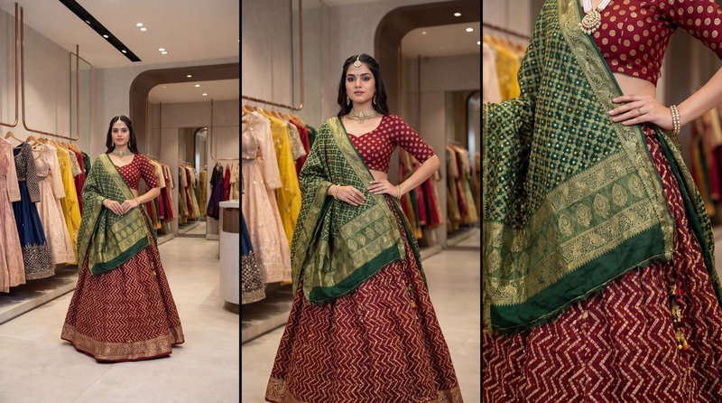 Kala Sanskruti Red & Green Color Art Silk Bandhani Chaniyacholi 12 kali Elegant Traditional unique Art Silk Chaniyacholi for Women