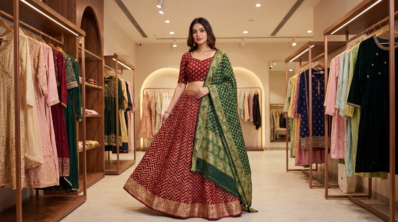 Kala Sanskruti Red & Green Color Art Silk Bandhani Chaniyacholi 12 kali Elegant Traditional unique Art Silk Chaniyacholi for Women