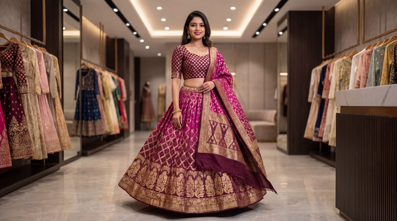 Kala Sanskruti Rani Pink & Magenta Color Banarasi Georgette Bandhani Chaniyacholi 3.75M Elegant Traditional Pure Banarasi Chaniyacholi for Women