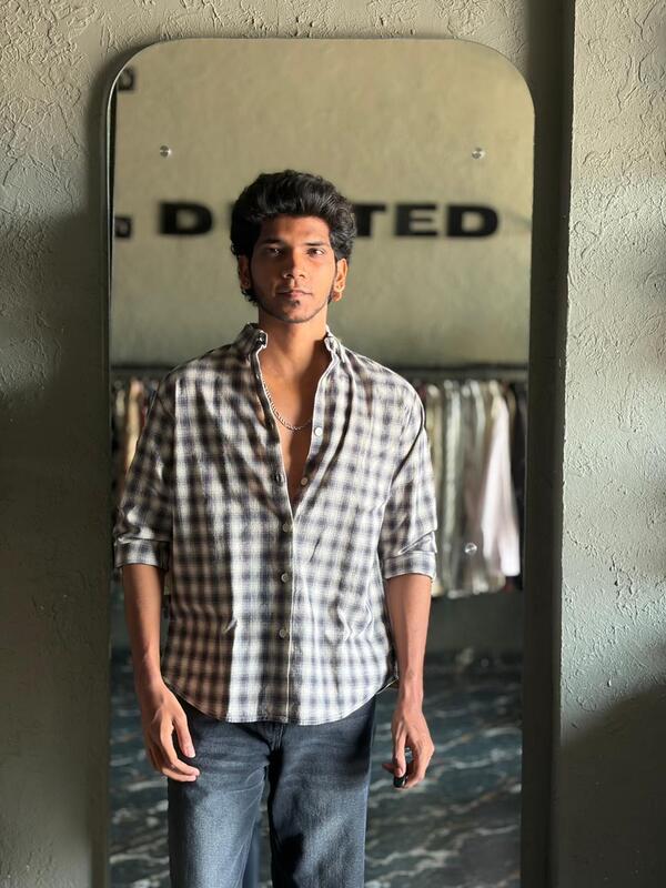 Indigo blue & frost grey check shirt